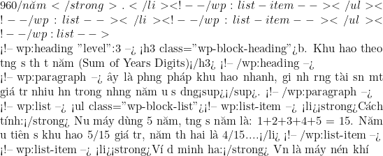 960/năm</strong>.</li> <!-- /wp:list-item --></ul> <!-- /wp:list --></li> <!-- /wp:list-item --></ul> <!-- /wp:list -->  <!-- wp:heading {"level":3} --> <h3 class="wp-block-heading">b. Khấu hao theo tổng số thứ tự năm (Sum of Years Digits)</h3> <!-- /wp:heading -->  <!-- wp:paragraph --> Đ&acirc;y l&agrave; phương ph&aacute;p khấu hao nhanh, giả định rằng t&agrave;i sản mất gi&aacute; trị nhiều hơn trong những năm đầu sử dụng<sup></sup>. <!-- /wp:paragraph -->  <!-- wp:list --> <ul class="wp-block-list"><!-- wp:list-item --> <li><strong>C&aacute;ch t&iacute;nh:</strong> Nếu m&aacute;y d&ugrave;ng 5 năm, tổng số năm l&agrave;: 1+2+3+4+5 = 15. Năm đầu ti&ecirc;n sẽ khấu hao 5/15 gi&aacute; trị, năm thứ hai l&agrave; 4/15....</li> <!-- /wp:list-item -->  <!-- wp:list-item --> <li><strong>V&iacute; dụ minh họa:</strong> Vẫn l&agrave; m&aacute;y n&eacute;n kh&iacute;