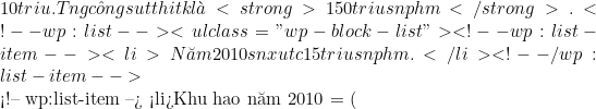 10 triệu. Tổng c&ocirc;ng suất thiết kế l&agrave; <strong>150 triệu sản phẩm</strong>.<!-- wp:list --> <ul class="wp-block-list"><!-- wp:list-item --> <li>Năm 2010 sản xuất được 15 triệu sản phẩm.</li> <!-- /wp:list-item -->  <!-- wp:list-item --> <li>Khấu hao năm 2010 = (