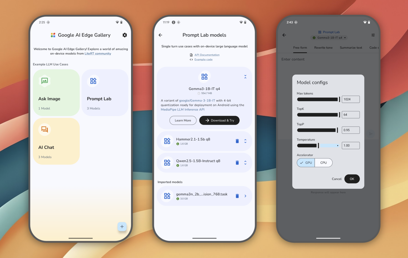 Google AI Edge Gallery: Đột Phá AI Ngay Trên Điện Thoại – Miễn Phí, Ngoại Tuyến và Hỗ Trợ Gemma 3n Mới Nhất! 1 Giao diện của app