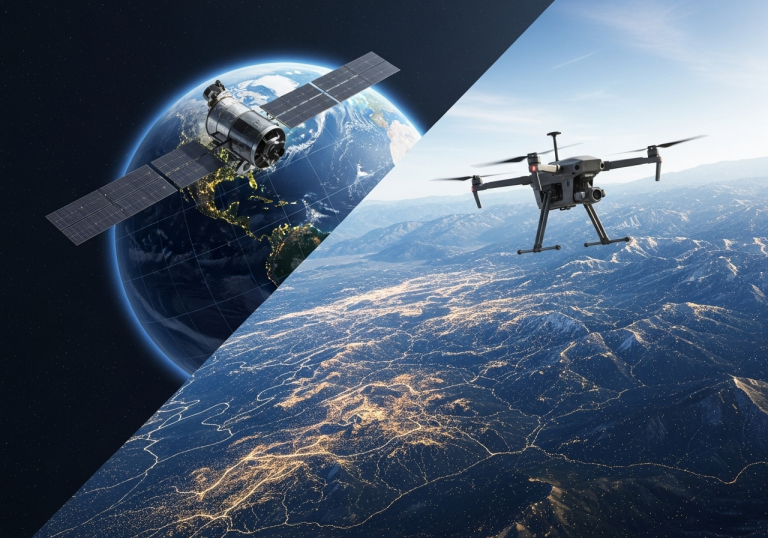 A dynamic split screen cinematic shot. On the left a sleek satellite orbits a photorealistic Earth scanning a vast continent with faint grid lines