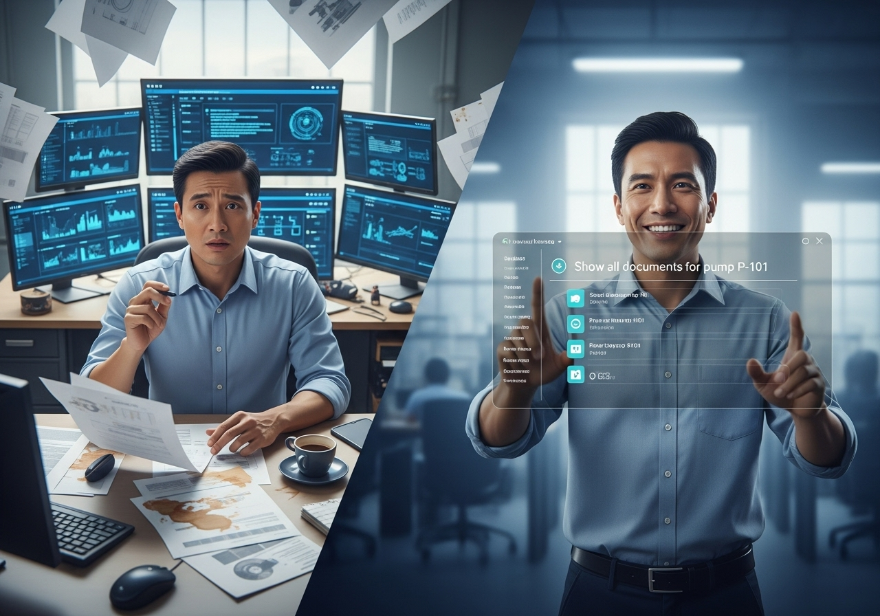 AI đang thay đổi việc sử dụng Bản sao kỹ thuật số trong ngành Dầu khí như thế nào? 2 A split screen image. On one side an engineer looks frustrated surrounded by scattered paper documents and multiple confusing computer screens