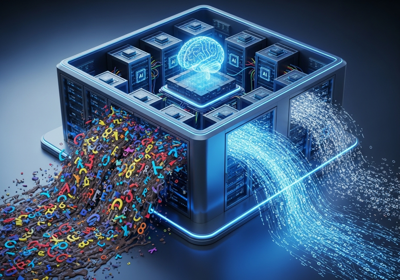 AI đang thay đổi việc sử dụng Bản sao kỹ thuật số trong ngành Dầu khí như thế nào? 1 A visual metaphor of an AI powered data filter where chaotic unstructured data a digital brain