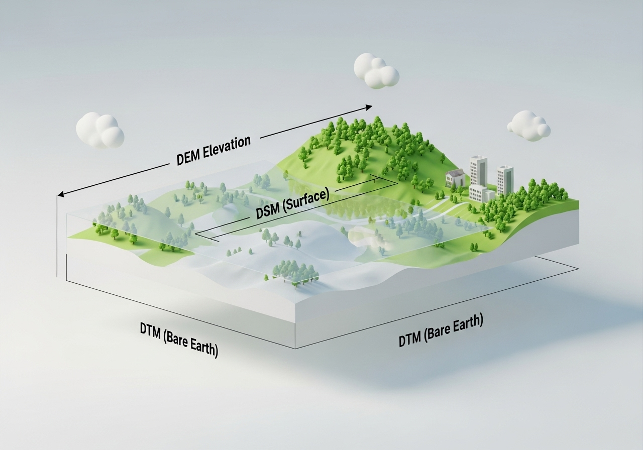 Lập Bản Đồ Độ Cao: So Sánh Giữa Công Nghệ Vệ Tinh và Hàng Không (DEM vs DTM) 1 An educational 3D visualization of a landscape with hills trees and a few buildings
