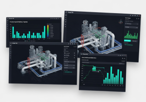 A futuristic UIUX design concept A multi monitor workstation displaying the Smart 3D software interface