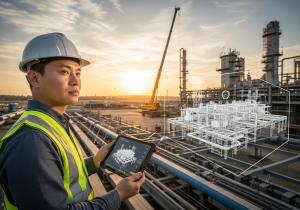 An asian male construction manager wearing a hard hat and safety vest stands on a large industrial construction site