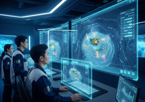 asian engineers monitoring large holographic displays showing a digital twin of a mine