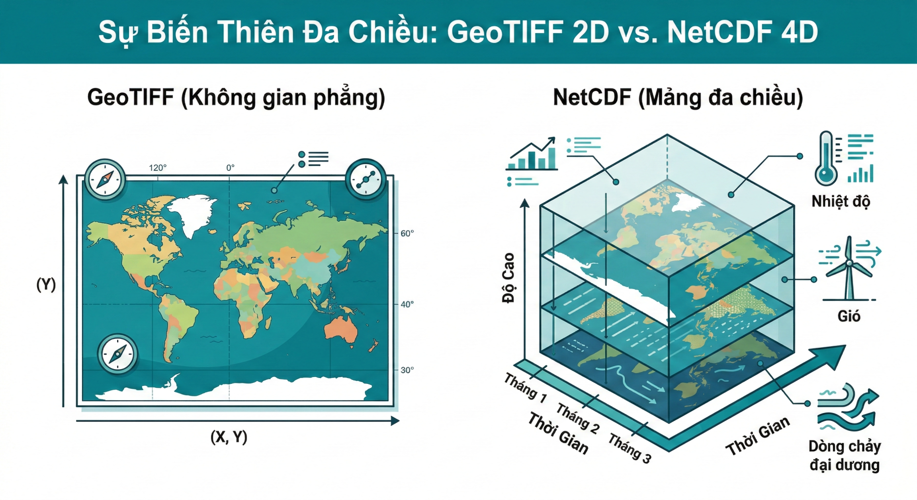 Lựa Chọn Định Dạng Dữ Liệu GIS: Nền Tảng Quyết Định Hiệu Suất Và Sự Thành Bại Của Phân Tích Không Gian 2 Sự Biến Thiên Đa Chiều GeoTIFF 2D vs. NetCDF 4D